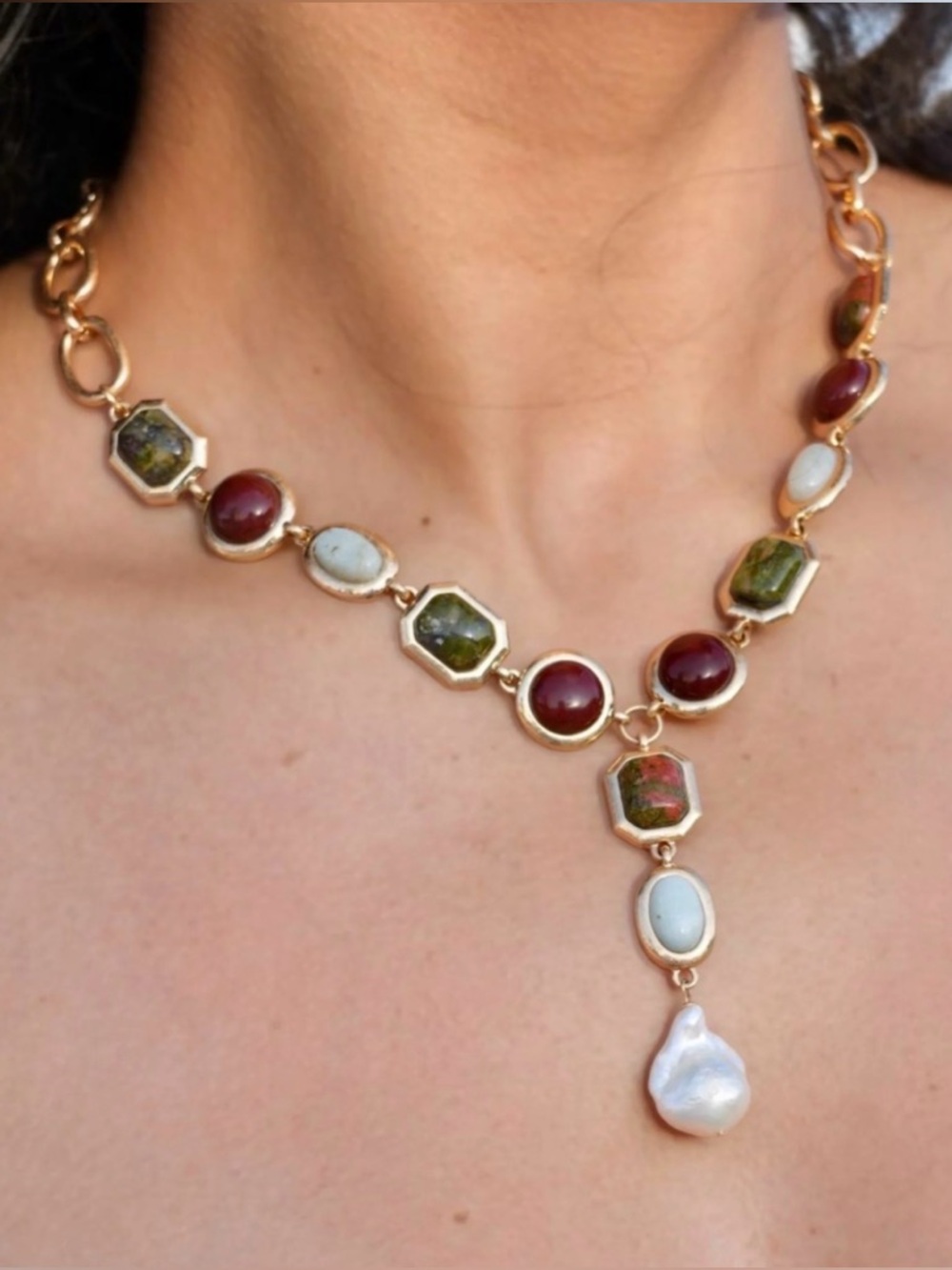 NWT ⚜️🤎⚜️ Camila Coelho Freshwater Pearls & Semi Precious Stones Y Necklace